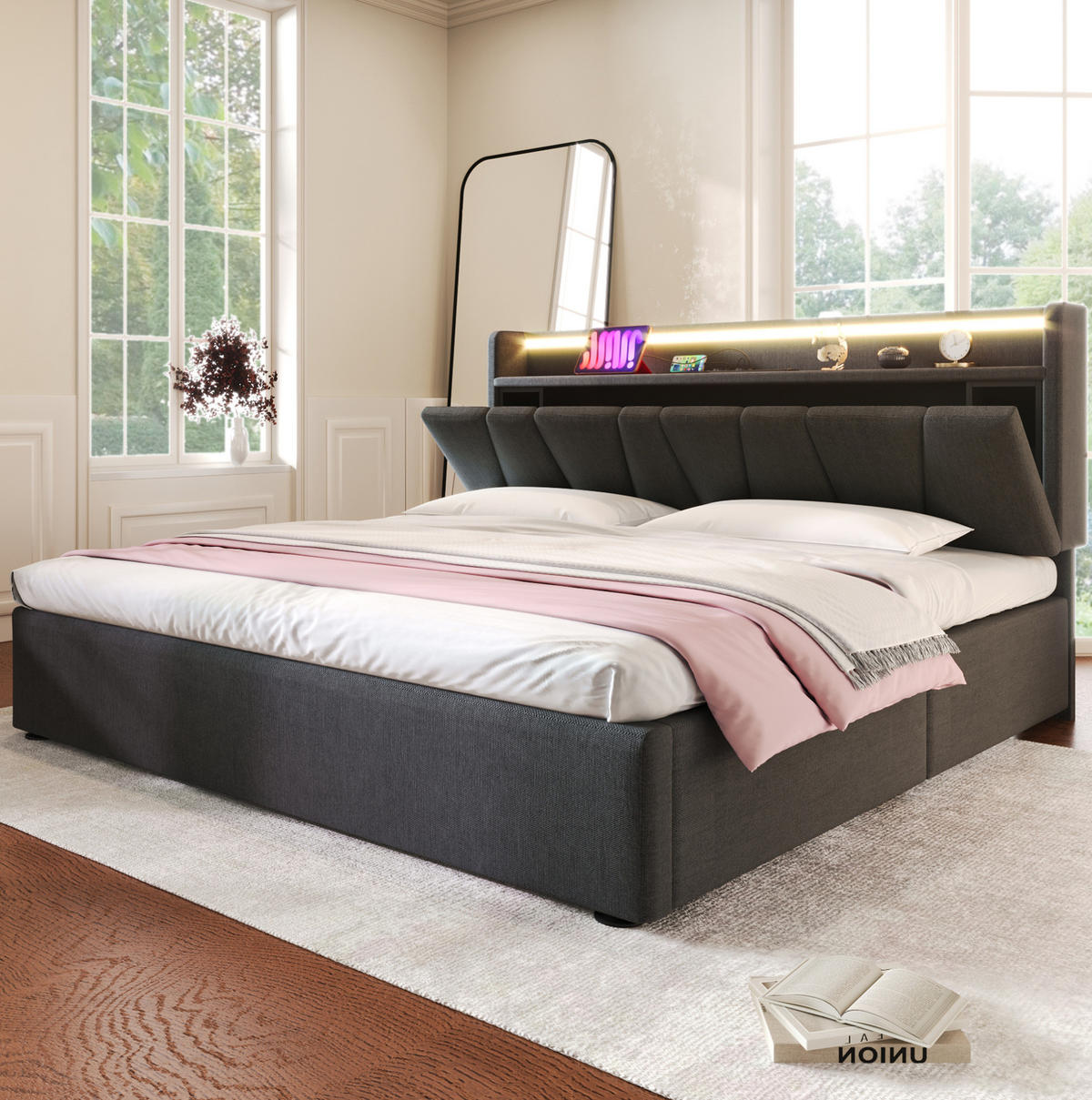 POLSTERBETT 140/200 cm Grau mit Stauraum und USB-Anschlüssen - Grau, Textil (140/200cm) - OKWISH