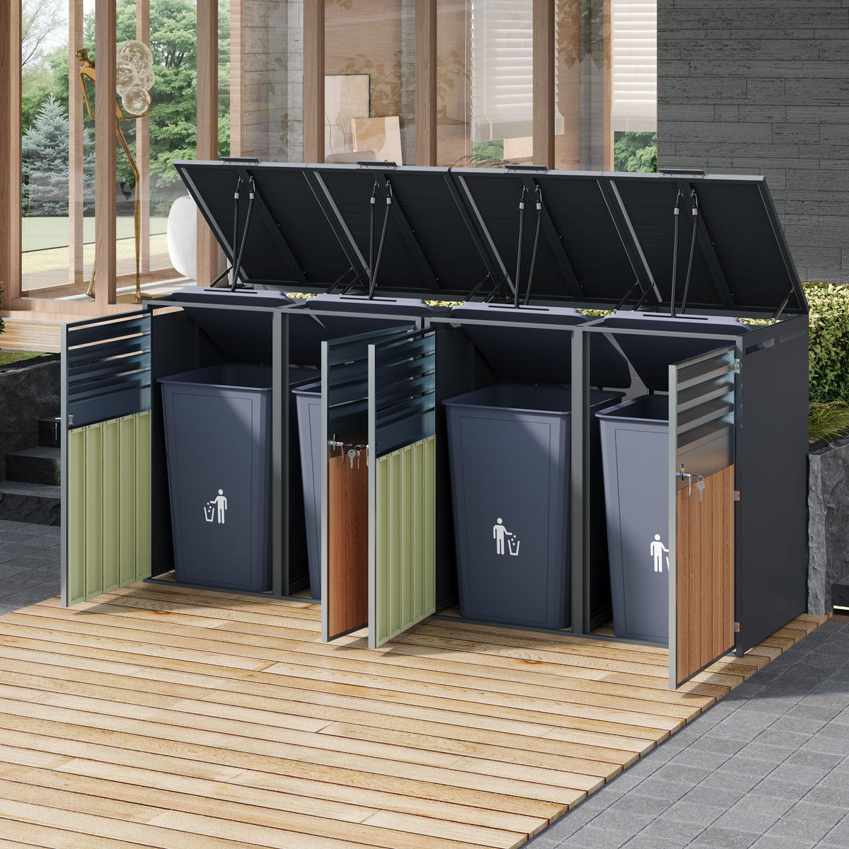 MÜLLTONNENBOX abschließbar 4 Türen Klappdeckel Lamellen - Multicolor, Metall (160/236/264cm) - FLIEKS