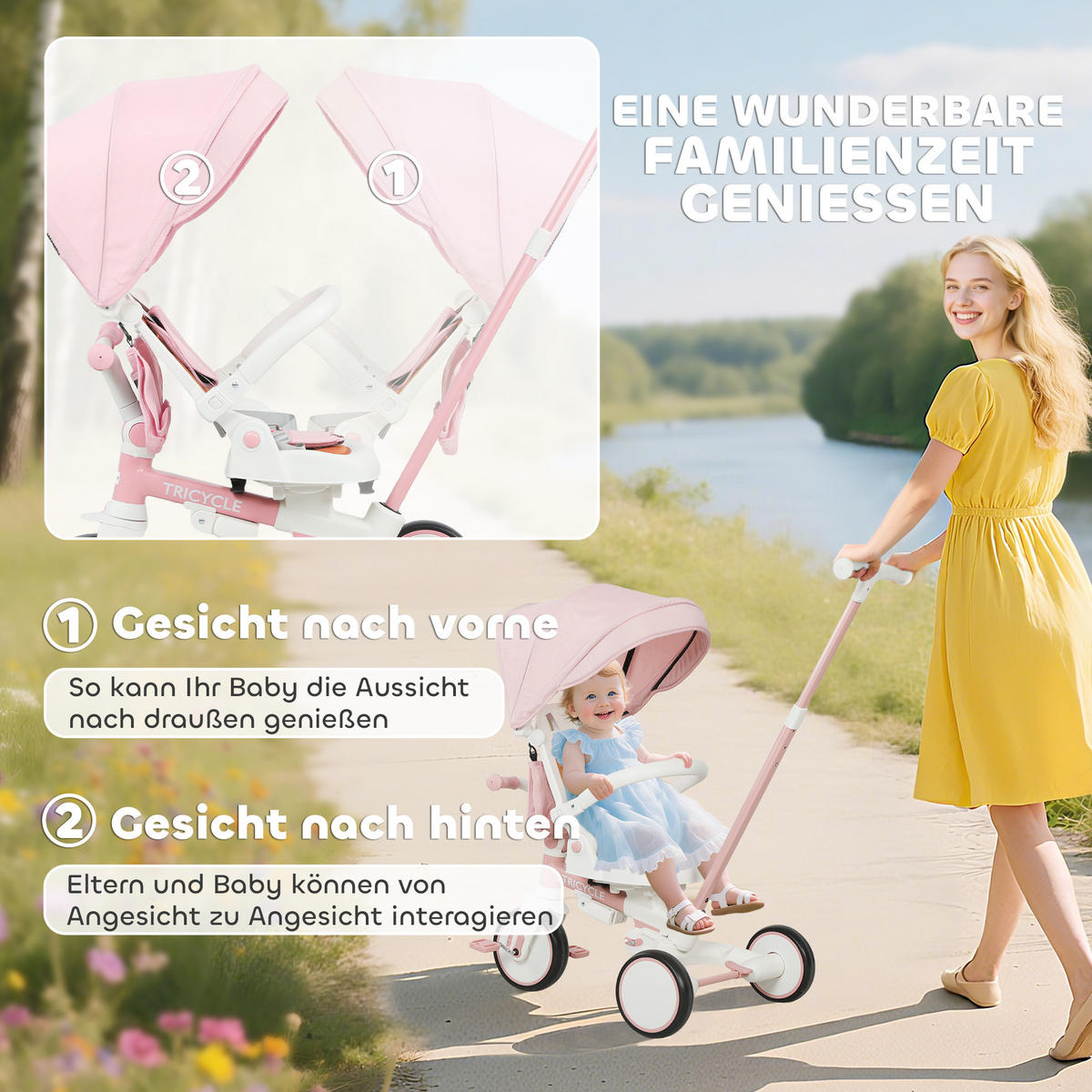 DREIRAD 5-in-1 mit Schubstange für 1-3 Jahre Faltbar mit reversiblem Sitz Rosa - Rosa, Metall (96.5/49/101cm) - AIYAPLAY