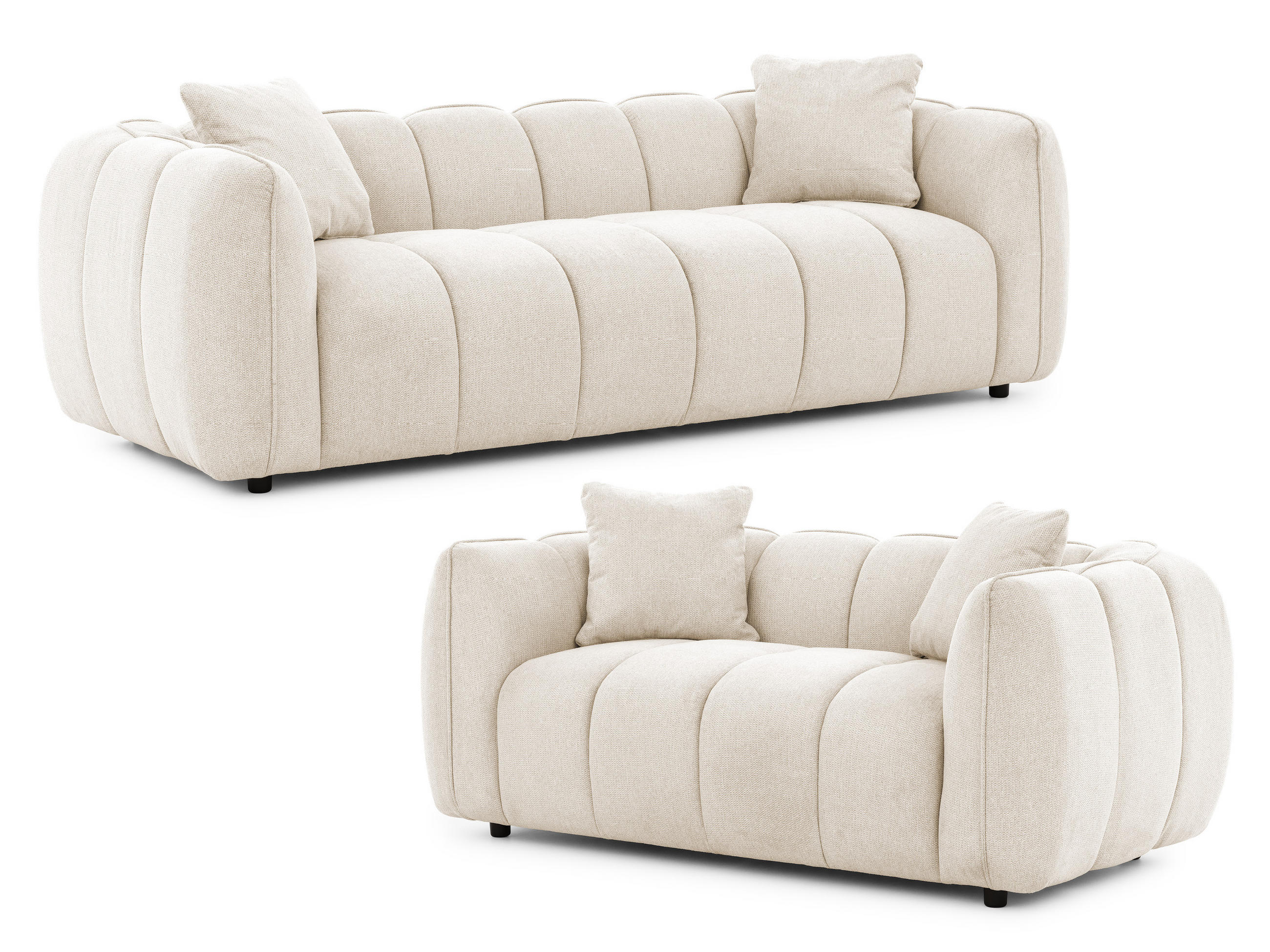 S-Style SEDACÍ SOUPRAVA 3+2 Nubira v hluboce prošívaném designu Bubble z měkké strukturované látky ve světle béžové barvě s moderním vzhledem