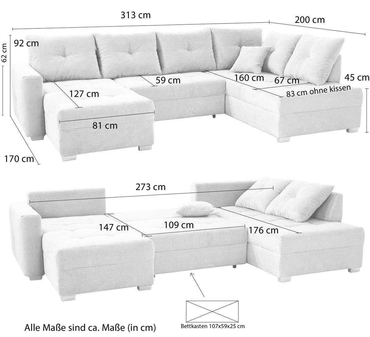 WOHNLANDSCHAFT mit Schlaffunktion und Bettkasten, spiegelverkehrt montierbar U-Form B313/T200/H92 cm, Cord Grau Anthrazit / 15220 - Schieferfarben/Eichefarben, Holz/Textil (313/92/200cm) - luma-home