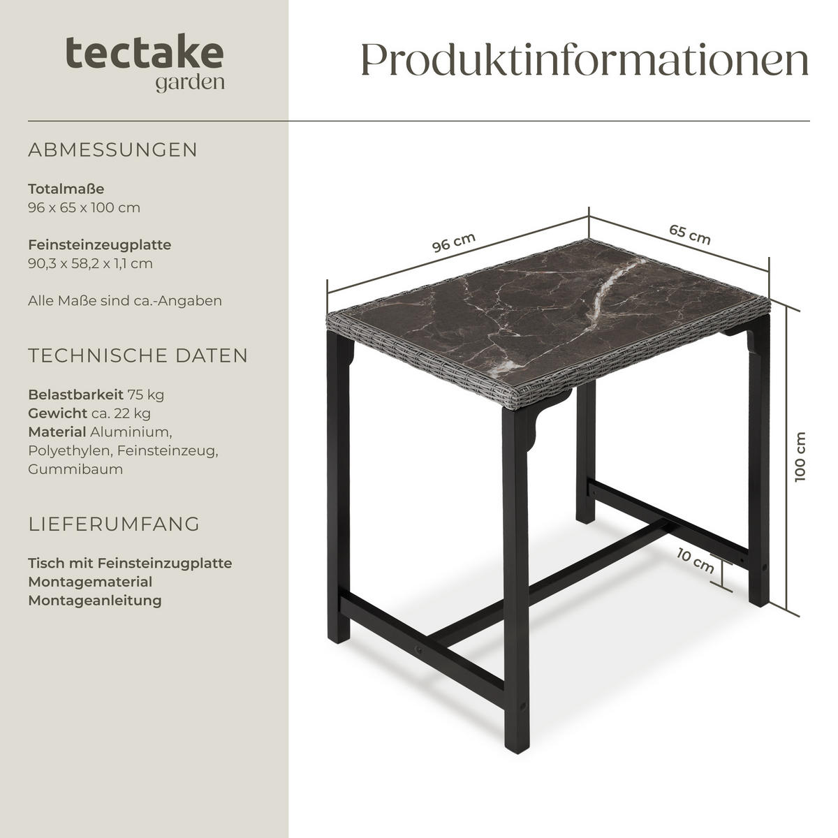 RATTAN BARTISCH Kutina,96 x 65 x 100 cm,grau - Grau, Kunststoff (96/65/100cm) - tectake