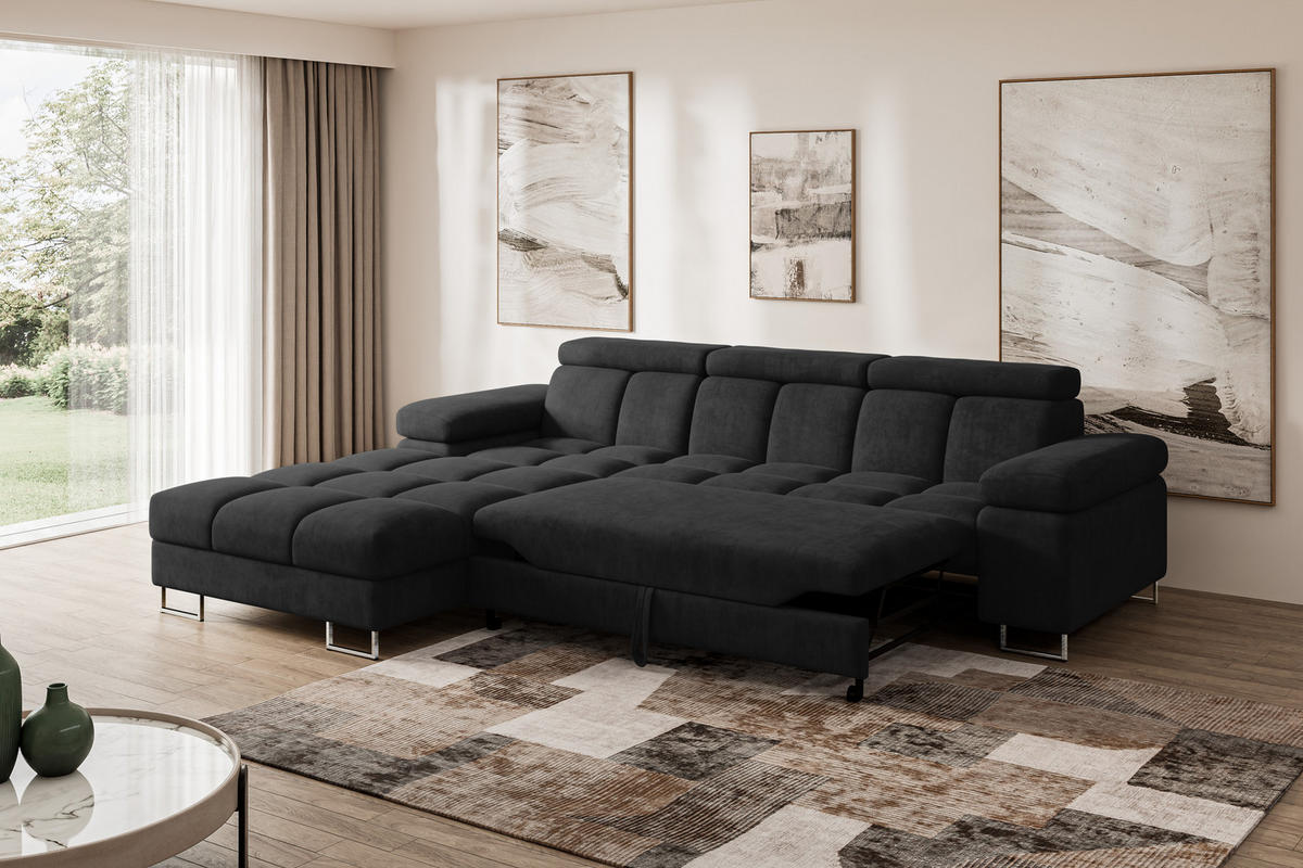 ECKSOFA mit Schlaffunktion Ottomane Links COMA L 271x203x79 Schwarz Velours - Schwarz, Holzwerkstoff/Textil (271/203cm) - ALTDECOR