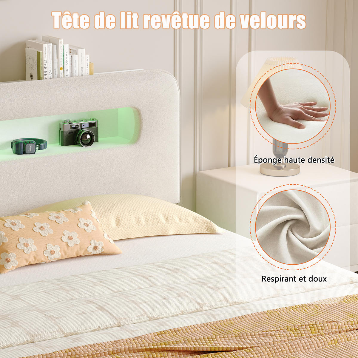 STAURUMBETT 160X200CM SAMT BEIGE LED STAURUM KOPFTEIL - Beige, Holzwerkstoff - SHOPENTRA