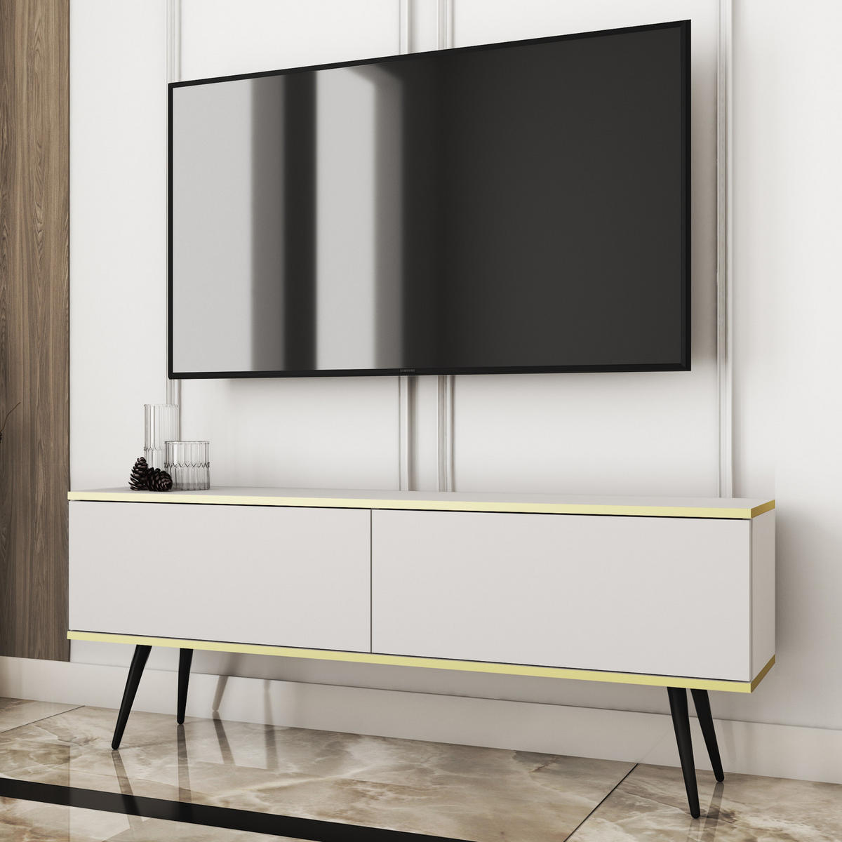 TV-LOWBOARD FORNO (Weiß, Goldene Details, 2 Türen, schwarze Metallfüße, 135 cm) - Schwarz/Weiß, Holz/Holzwerkstoff (135/53/32cm) - Ravio