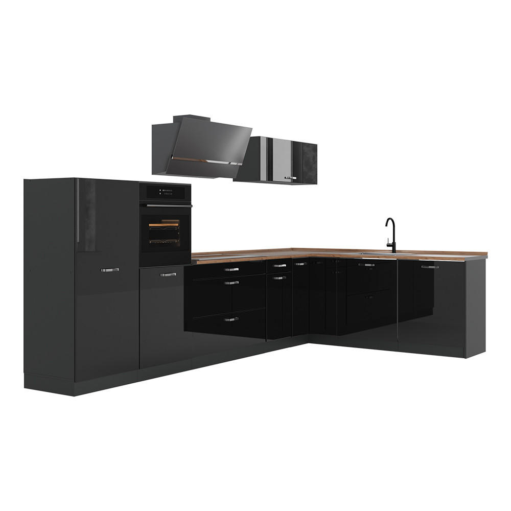 Vicco Eckküche Schwarz Hochglanz, Anthrazit 347x143x60 cm