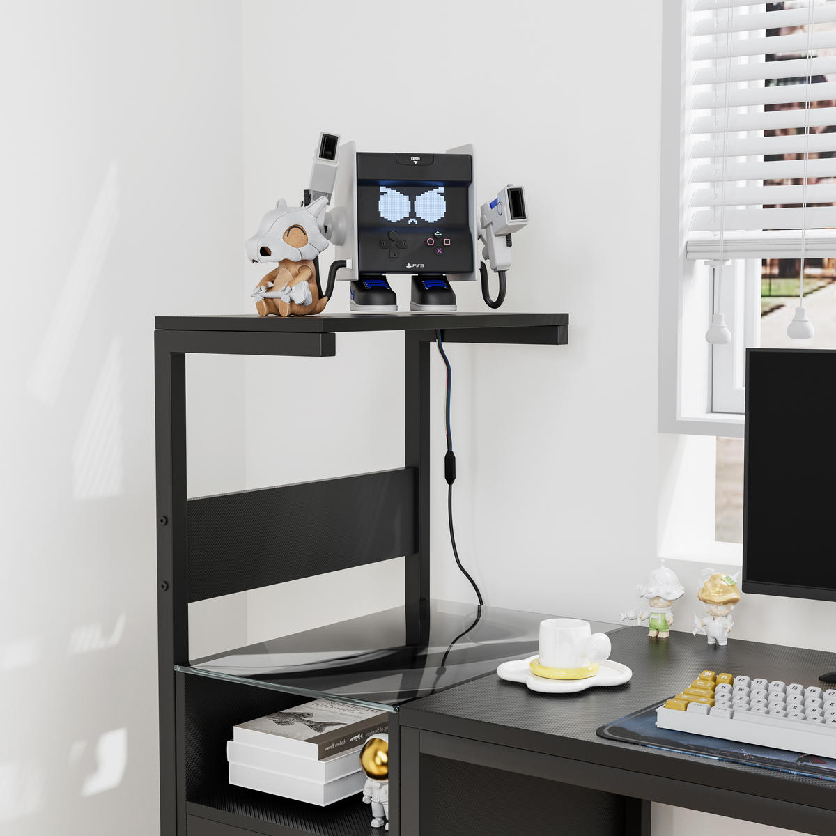 COMPUTERTISCH Schwarz 122/51/110 cm mit Stromanschluss USB LED-Beleuchtung und Regal - Schwarz, Metall (50/122/115cm) - PANGIVO