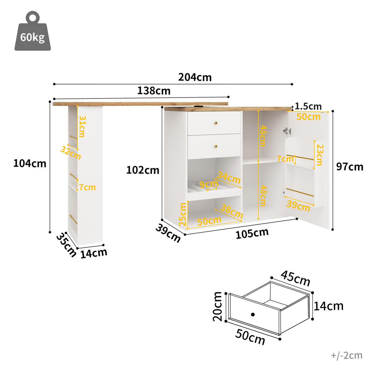 BAROVÝ stůl 138/39/104 cm bílý z MDF s otočnými policemi a 4 zásuvkami - bílá, kompozitní dřevo (204/39/104cm) - OKWISH