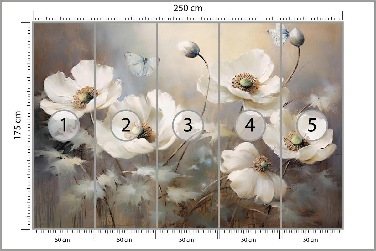 FOTOTAPETE für Schlafzimmer Abstrakte Weiße Mohnblumen Schmetterlinge Aquarell 250x175 - Beige/Braun, Papier (250/175cm) - Muralo