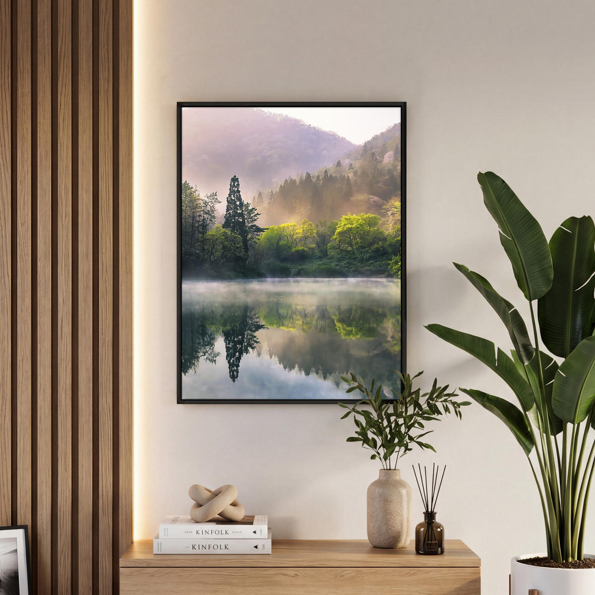 LEINWAND Bilder mit Rahmen - Natur - Bäume - Berge - See - Wasser - 50x70 - Hellgrün, Textil (50/70cm) - MuchoWow