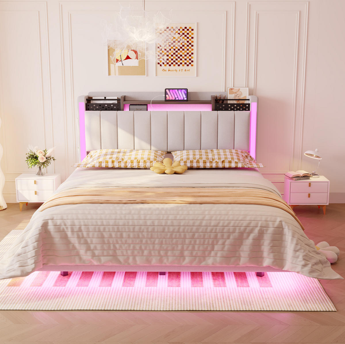 ČALOUNĚNÁ postel 140/200 cm, béžová, lněný vzhled, s LED osvětlením a USB - béžová, textil (140/200cm) - BEAOK