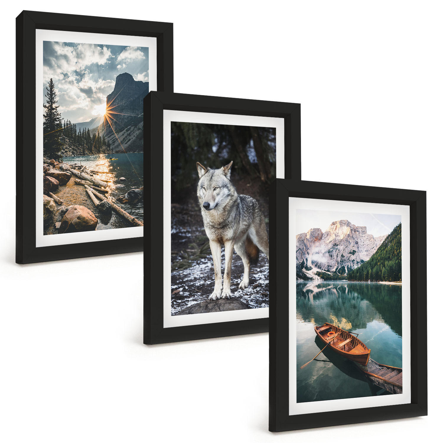 BILDER SET 3er Set - 20x30 cm Schwarzer Rahmen - Berge, Seen, Wölfe, Natur - Schwarz, Kunststoff (20/30cm) - TULUP