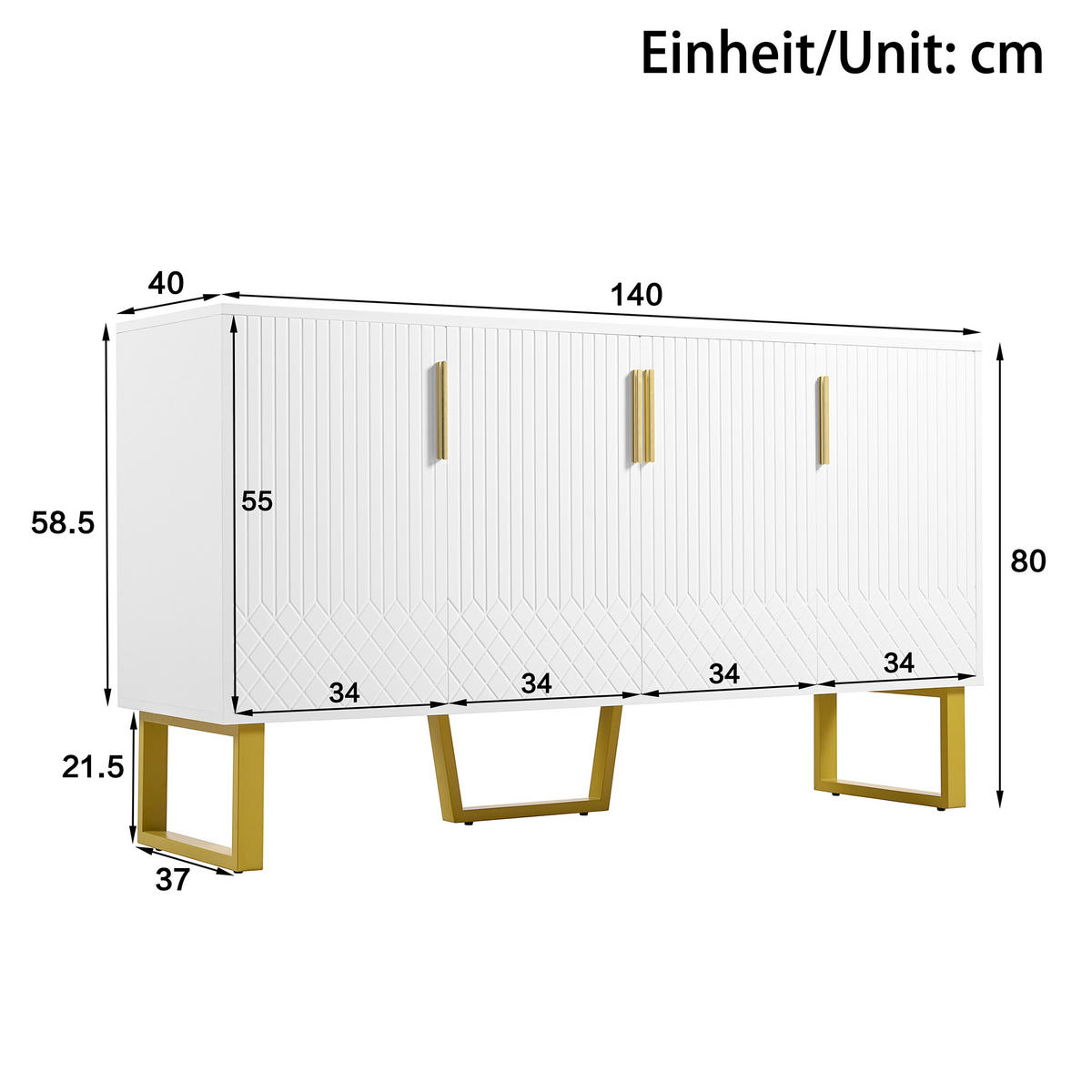 SIDEBOARD in Weiß Anrichte mit 4-Türen-Design und Metallgriffen für Wohnzimmer und Schlafzimmer, B140/T40/H80 cm - Goldfarben/Weiß, Holzwerkstoff/Metall (140/80/40cm) - STILVORA