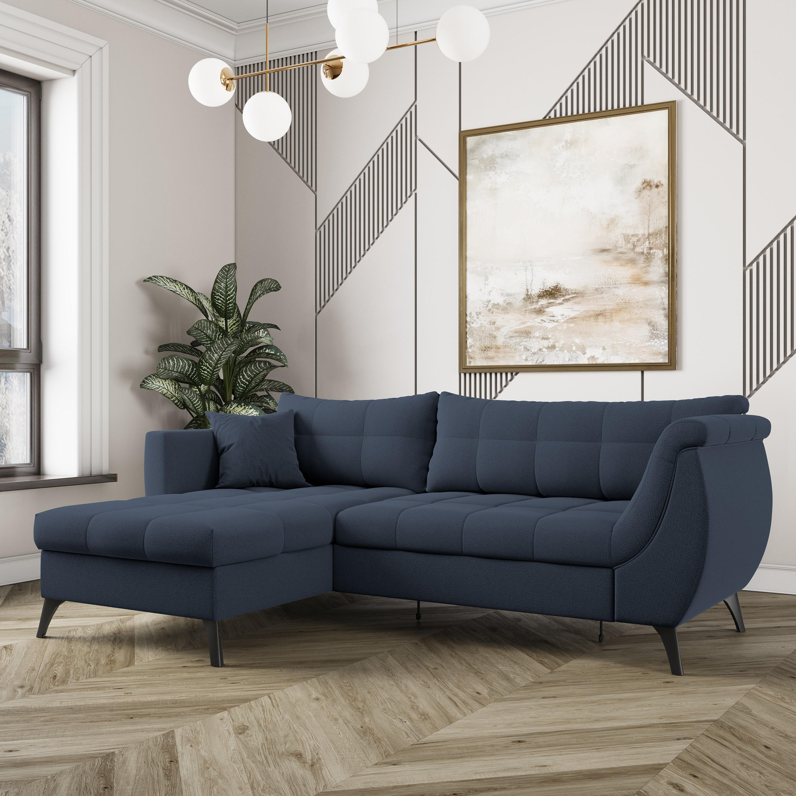 ECKSOFA MOLLIS Blau Geflochtener-Stoff mit Schlaffunktion - Blau, Holz (241/154cm) - MASSENO
