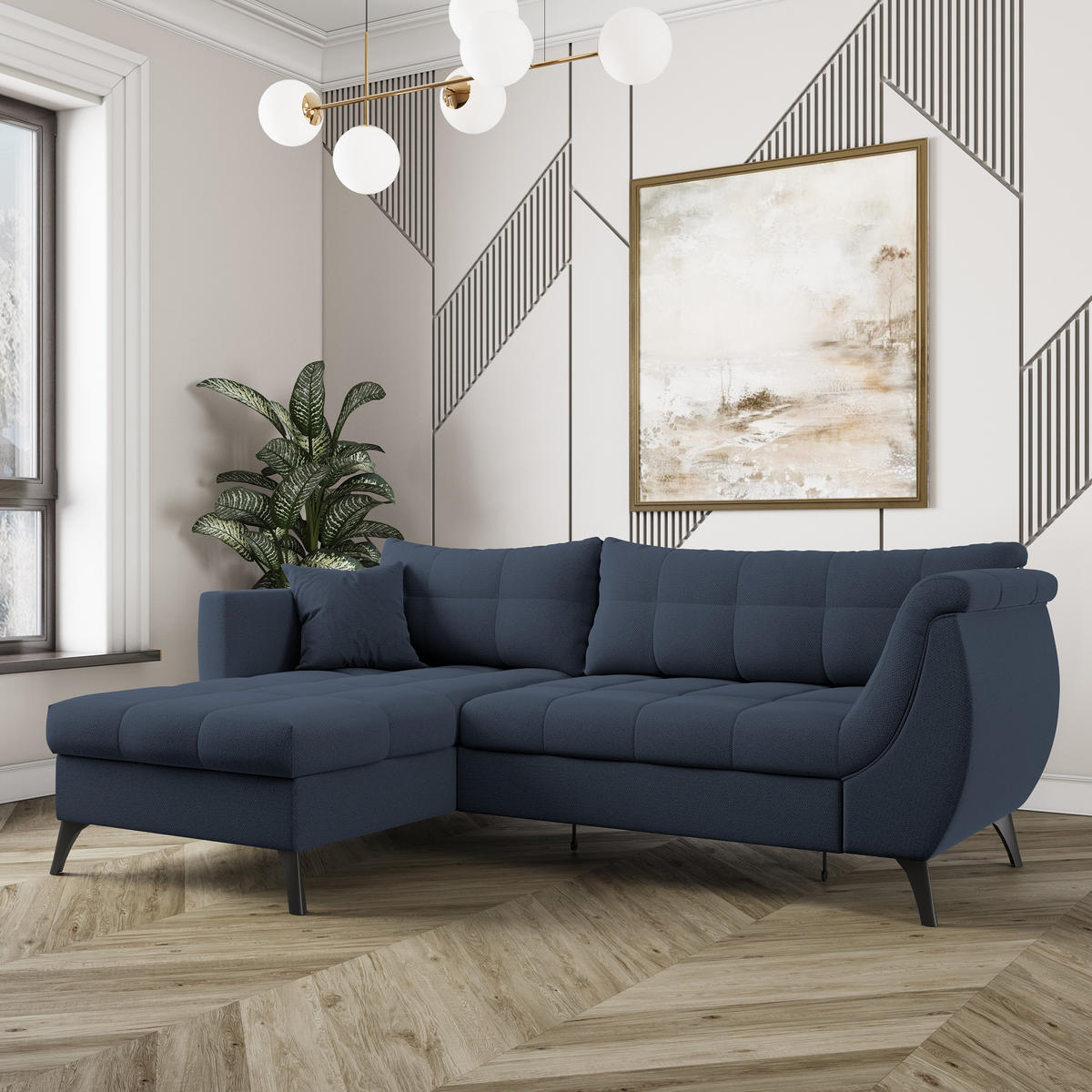 ECKSOFA MOLLIS Blau Geflochtener-Stoff mit Schlaffunktion - Blau, Holz (241/154cm) - MASSENO