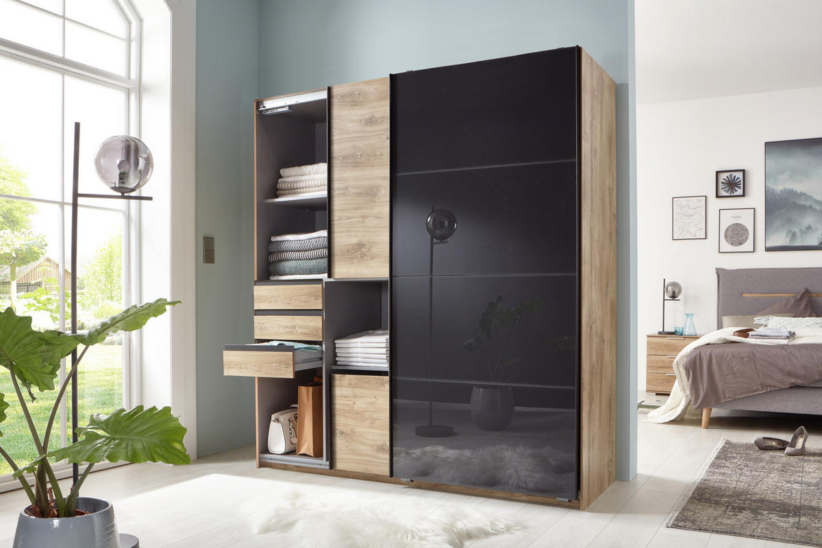 KLEIDERSCHRANK Oldenburg in Artisan Eiche mit Glasfront Grey - Schwebetürenschrank - Eiche Artisan/Braun, Holzwerkstoff (180/198/65cm)