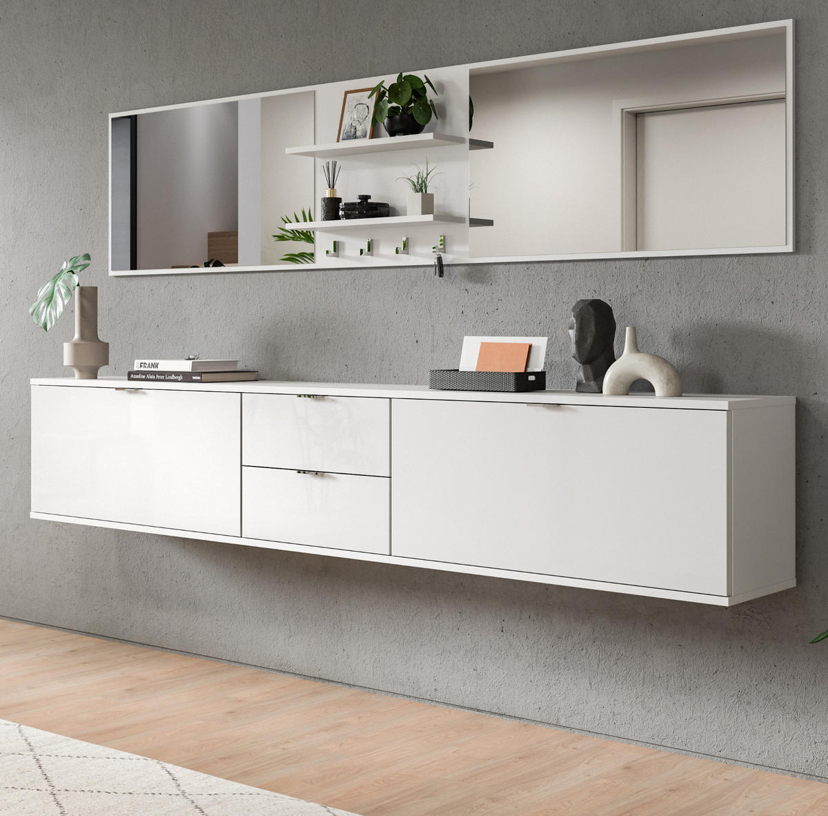 GARDEROBE Set 6-teilig weiß Hochglanz 236 cm, Flurgarderobe hängend - Chromfarben/Weiß Hochglanz, Glas/Holzwerkstoff (236/193/34cm) - Inn.Furn