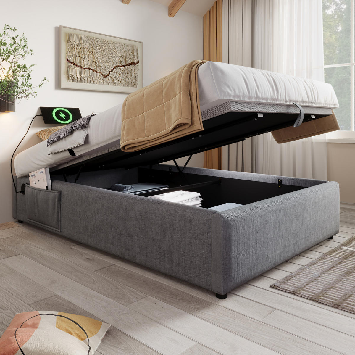 BETT mit Stauraum 90x200 cm Grau USB/Type-C - Grau, Metall (90/200cm) - Meubliv