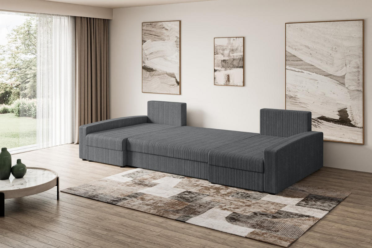 WOHNLANDSCHAFT mit Schlaffunktion und Bettkasten ALESIA-U 301x140x90 cm Grau Cord - Dunkelgrau/Silberfarben, Holzwerkstoff/Kunststoff (301/90/140cm) - ALTDECOR