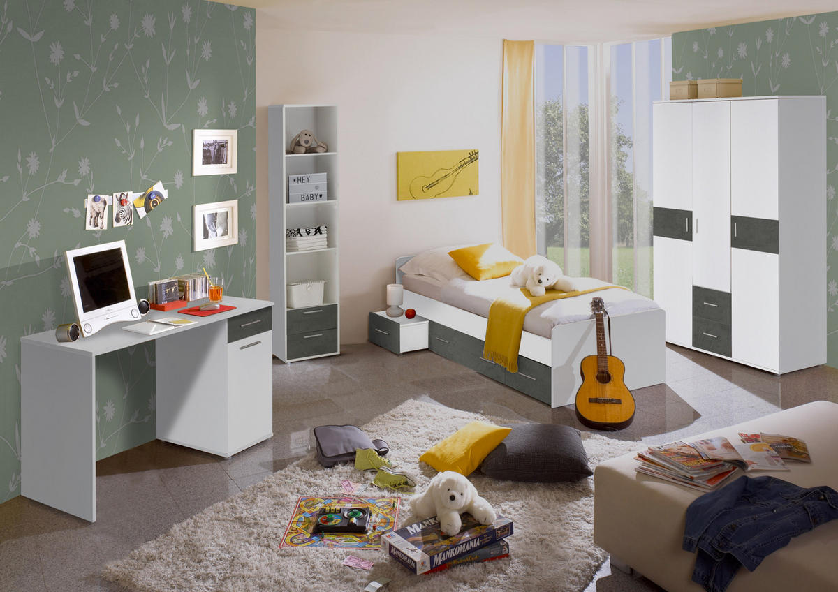 JUGENDZIMMER Star 4 teilig in Weiß und Beton - Kinderzimmer Komplett Set - Weiß/Grau, Holzwerkstoff (80/200/120cm)
