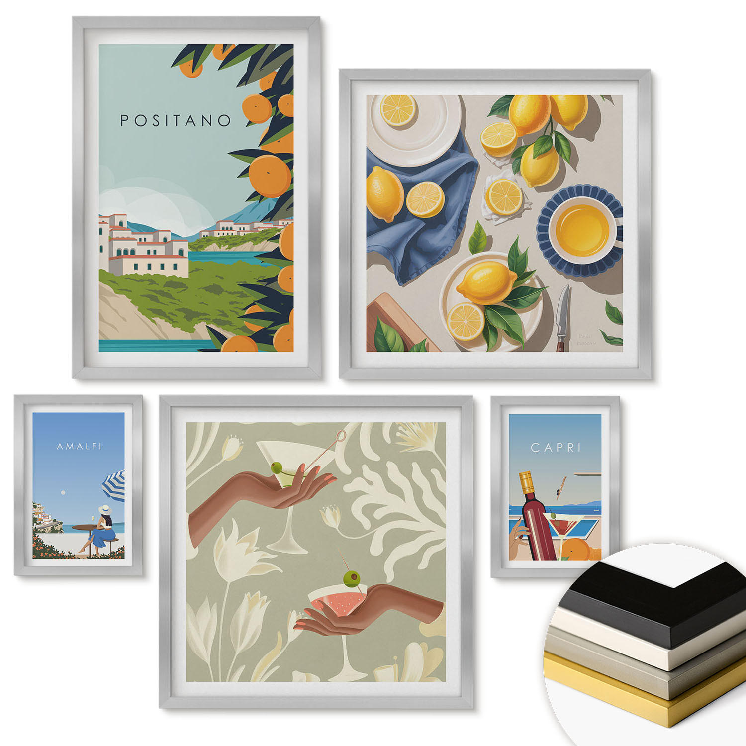 WANDBILDER 5er Set - 50x50 cm & 20x30 cm & 40x60 cm Silberner Rahmen - Fruchtmuster und italienische Kultur - Silberfarben, Kunststoff (40/60cm) - ArtPrintCave