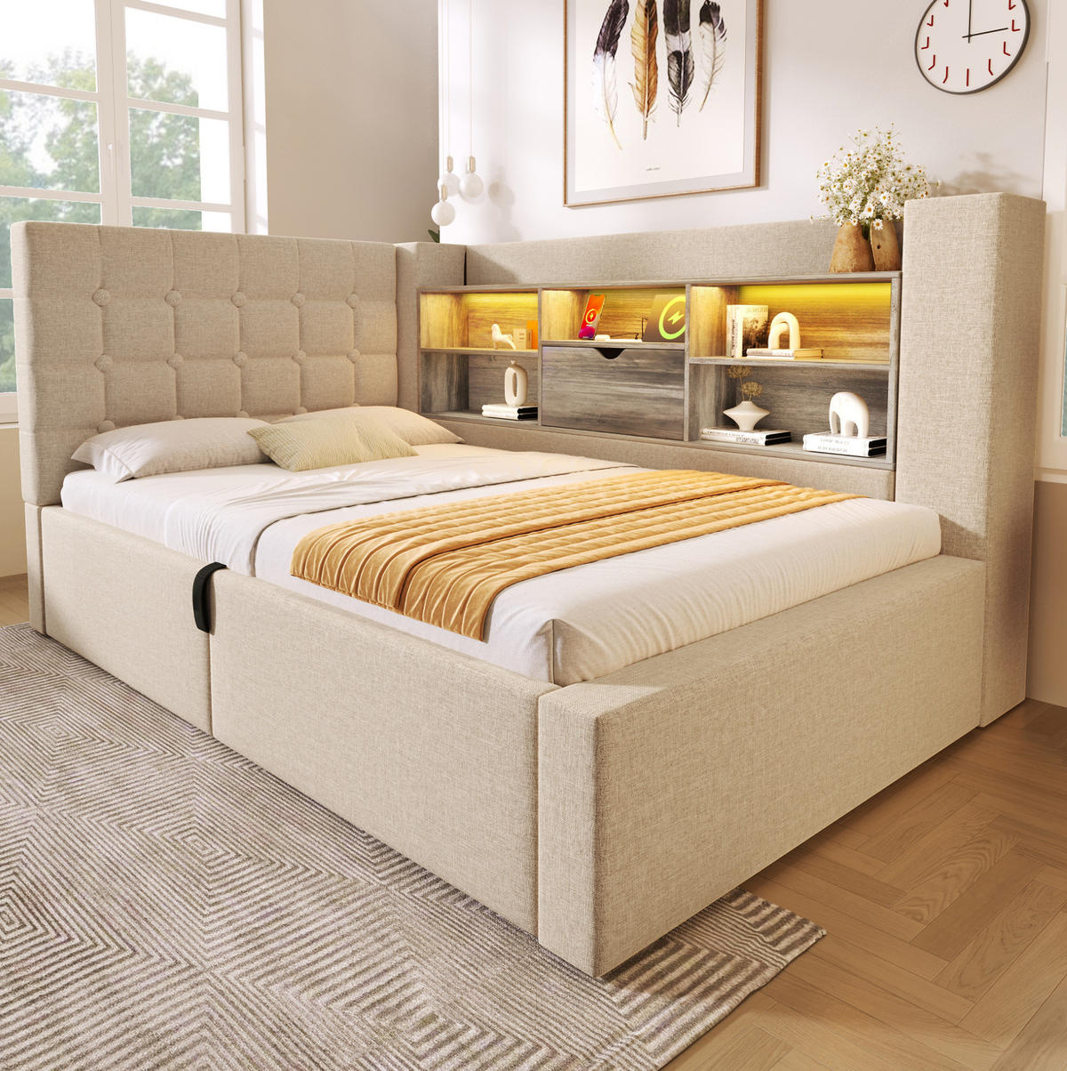 POLSTERBETT mit Stauraum 90x200 cm Leinen Beige inkl. Matratze - Beige, Metall (90/200cm) - Meubliv