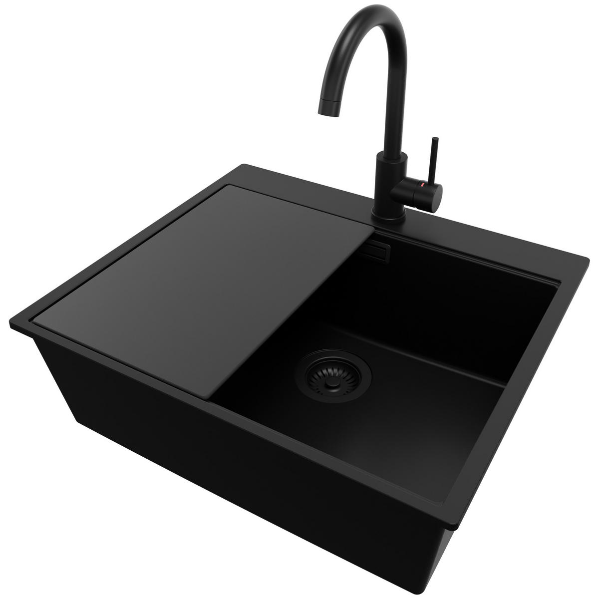 GRANITSPÜLE Oslo, 2-er set Alles Schwarz 58/50 cm 1 Becken + Küchenarmatur 32/20 cm + Ablauf-Set + Schneidebrett ab 60er Unterschrank - Schwarz, Kunststoff (58/20/50cm) - Primagran