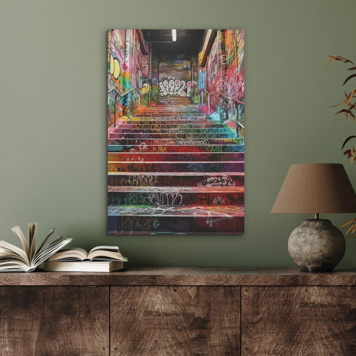 AKUSTIKBILD Treppe - Graffiti - Farben - Kunst Kunstdruck Schlafzimmer 50x70 cm - Multicolor, Kunststoff (50/70/0.9cm) - MuchoWow