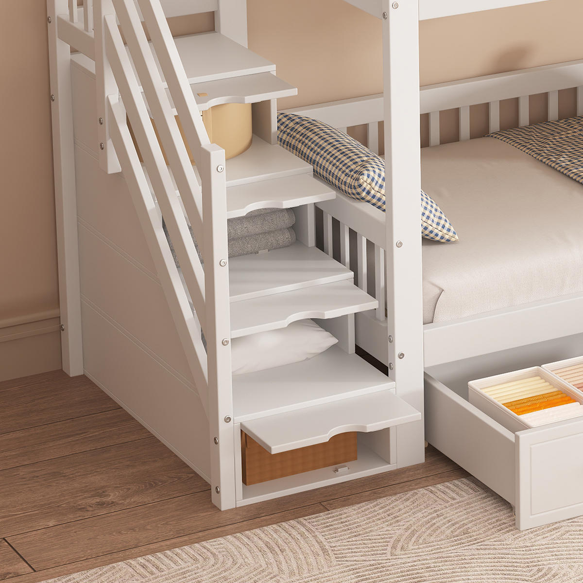 ETAGENBETT 90/200 cm Weiß+Natur mit Stauraumtreppe und zwei Rollen-Schubladen - Weiß, Holzwerkstoff (90/200cm) - OKWISH