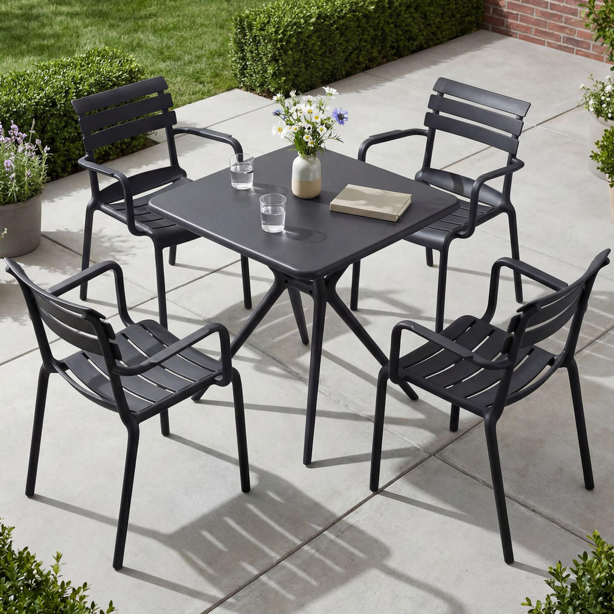 GARTENMÖBEL-SET Nora 4 Stühle 186x186x82cm Kunststoff Schwarz Balkonset - Schwarz, Kunststoff - DELUKE