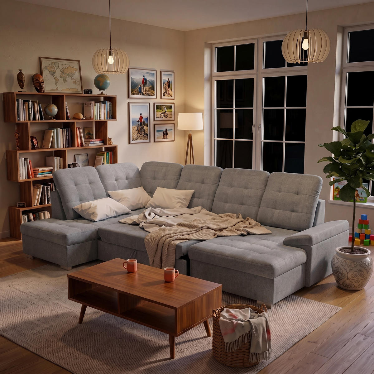 ECKSOFA U-Form OLIVIA U Links mit Schlaffunktion 124x257 Velours Hellgrau - Silberfarben/Hellgrau, Holz/Kunststoff (320/103/202cm) - Muffo