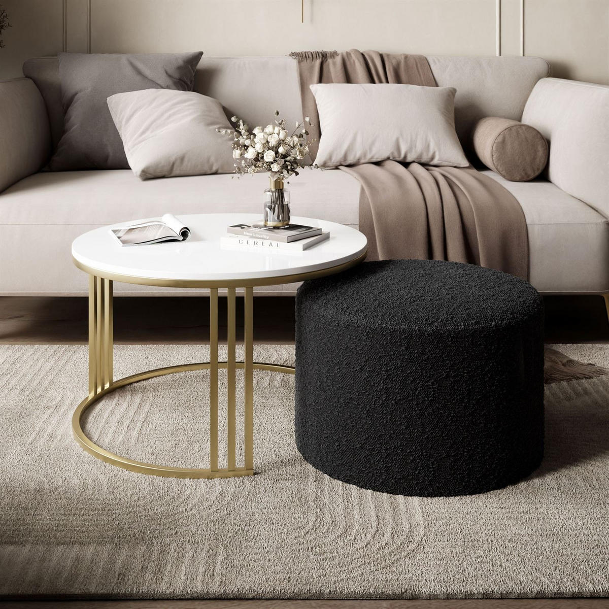 COUCHTISCH mit Hocker LORI Hochglanz gebürstetes Gold/weißer Glanz/Coral 60 - Weiß, Metall (70/70/49cm) - Lookway