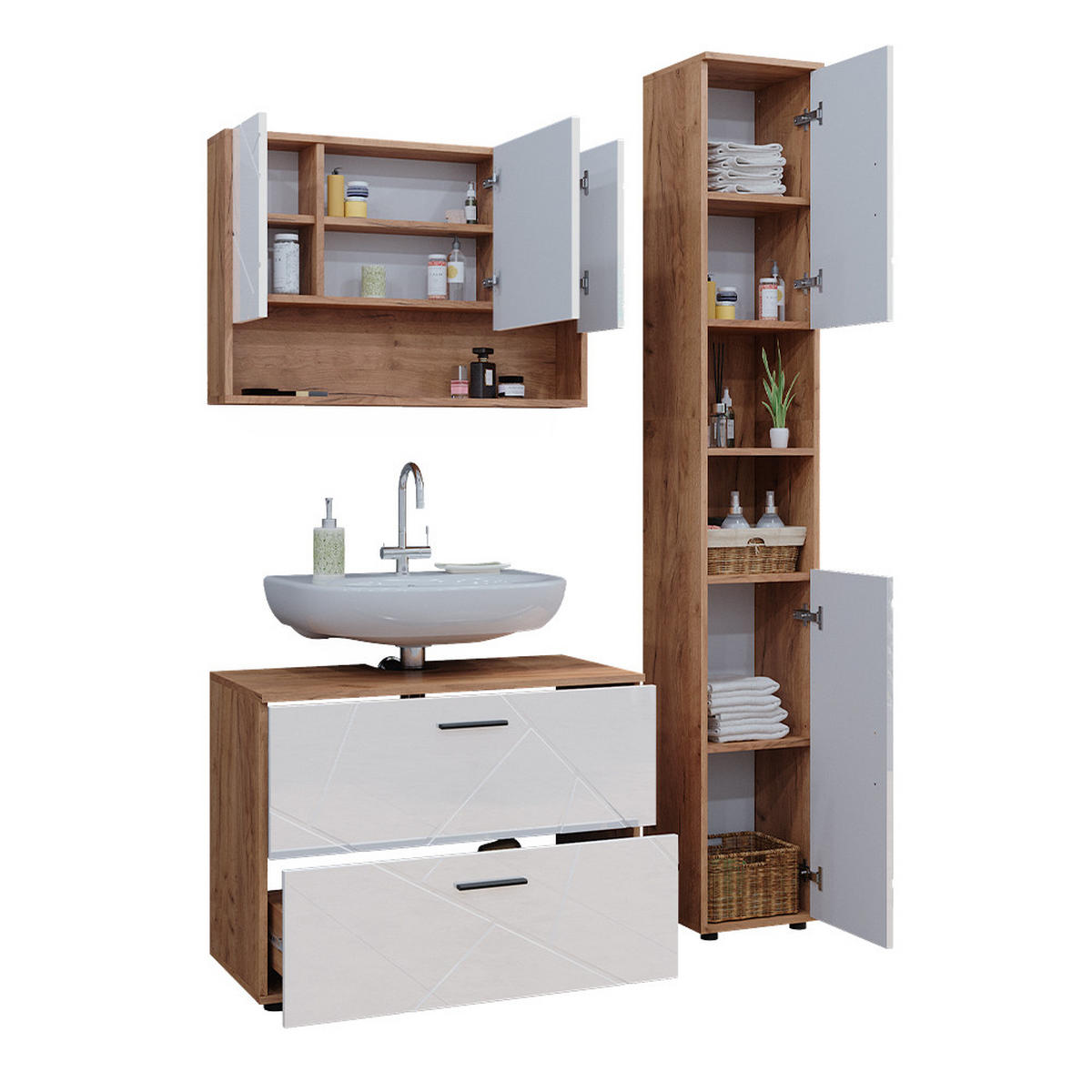 BADMÖBEL-SET Irma Weiß Hochglanz/Goldkraft Eiche 3 Teile Spiegelschrank 80 cm - Weiß Hochglanz/Eiche Wotan, Holzwerkstoff (80/58.6/41cm) - Vicco