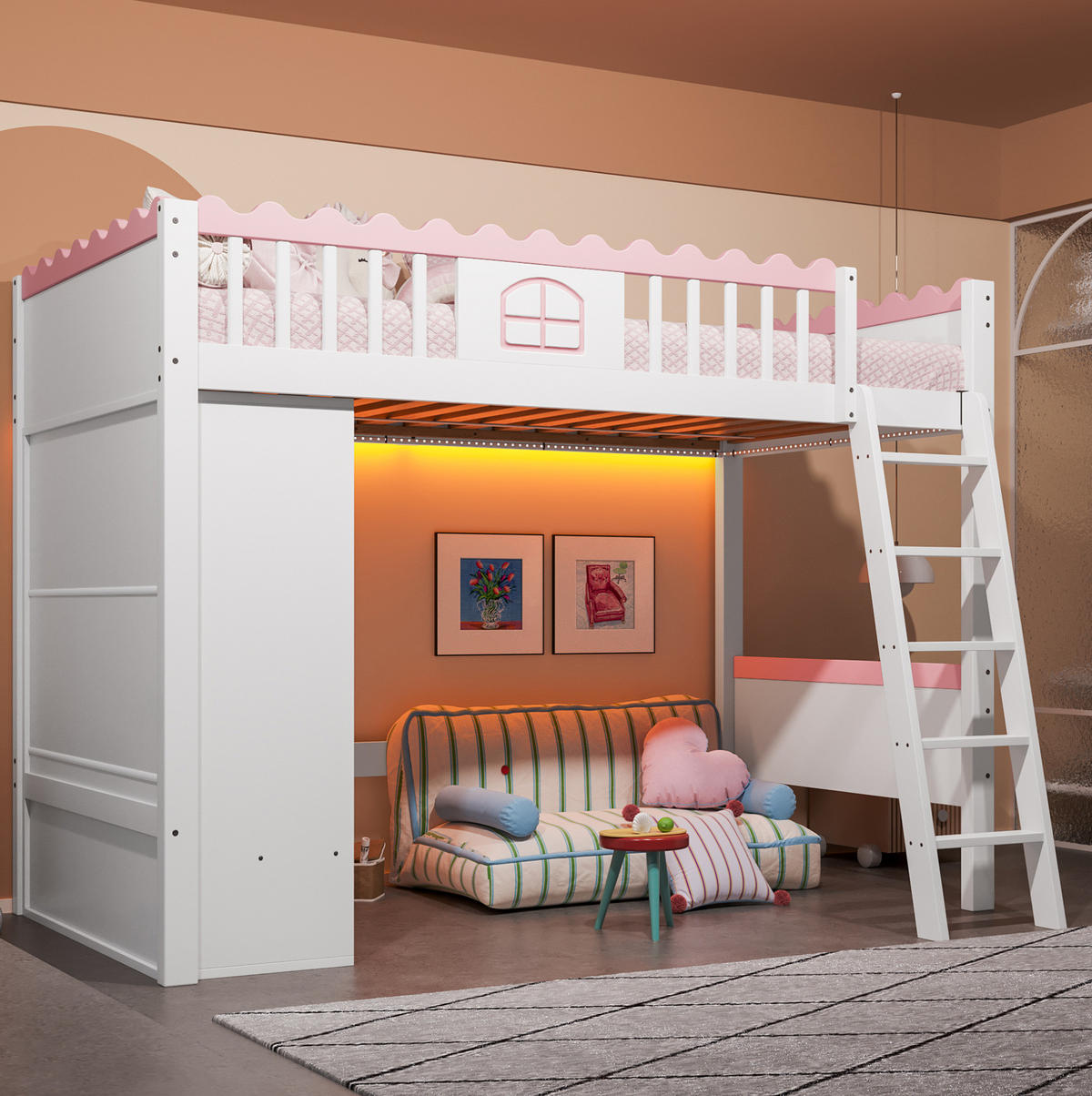 HOCHBETT 90/200 cm Weiß mit Kleiderschrank, Schublade und LED-Beleuchtung - Weiß, Holz (90/200cm) - Flora Grace