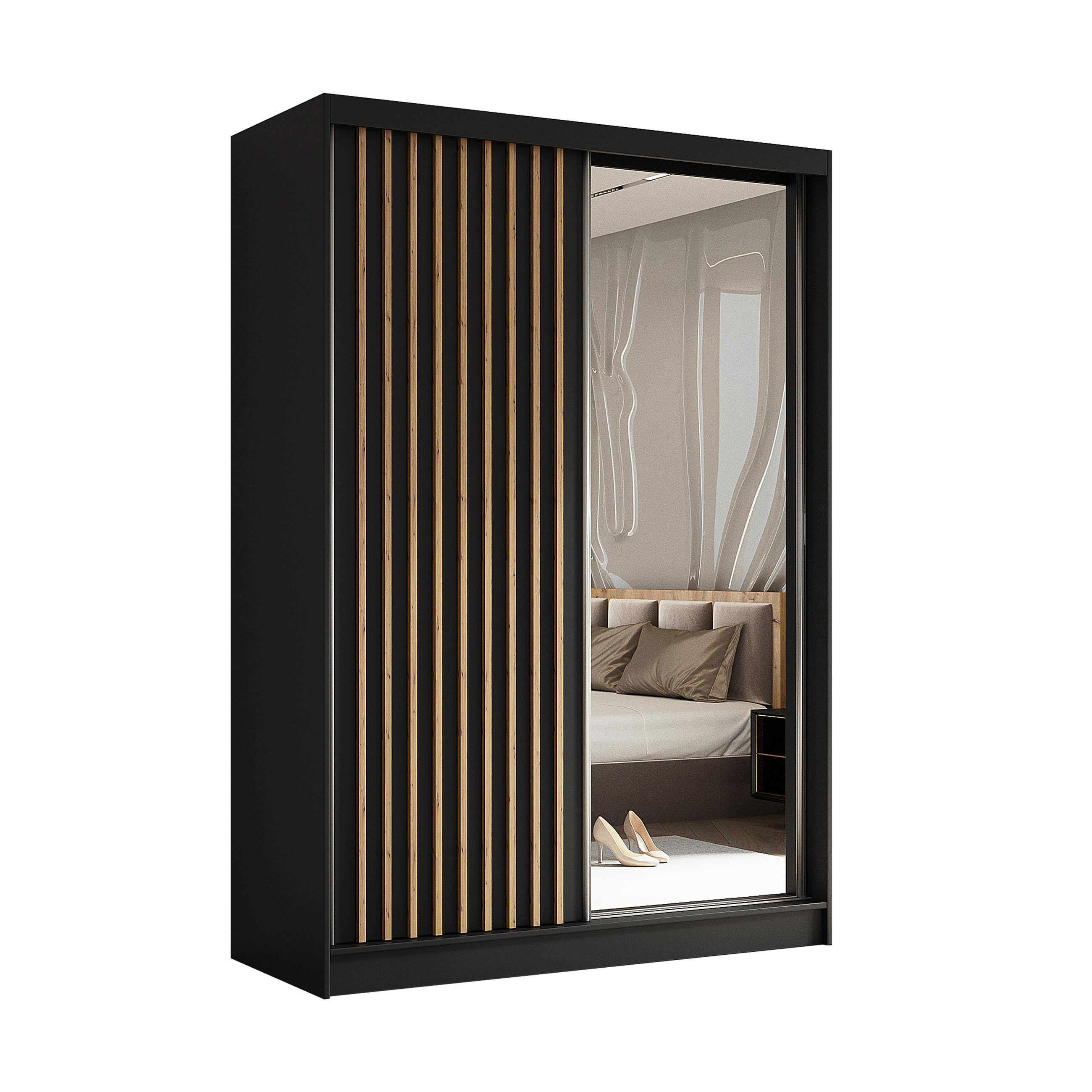 SCHWEBETÜRENSCHRANK LAMELLO 150/216/61 cm 2-türig mit Spiegel Schwarz - Schwarz, Holzwerkstoff (150/216/61cm) - MASSENO