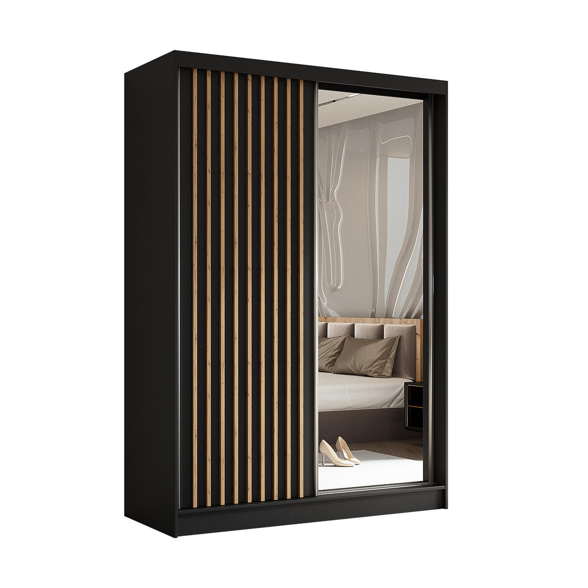 SCHWEBETÜRENSCHRANK LAMELLO 150/216/61 cm 2-türig mit Spiegel Schwarz - Schwarz, Holzwerkstoff (150/216/61cm) - MASSENO