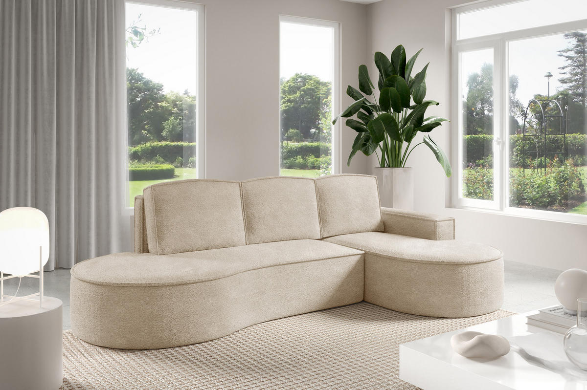ECKSOFA MOLLY mit Schlaffunktion – Halbrund, freistehend, Liegefläche 140x207 cm, 3 Kissen, Curio-Stoff, 277x157x88 cm, Rechts, Beige - Sandfarben, Holz/Textil (277/157cm) - DomoHome