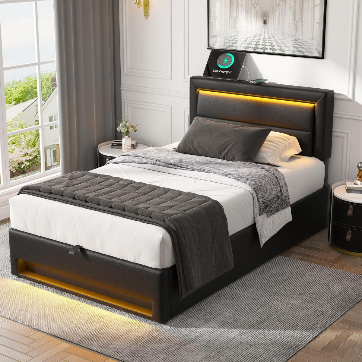 POLSTERBETT mit USB, LED und Stauraum 90x190 cm PU Schwarz - Schwarz, Metall (90/190cm) - Meubliv
