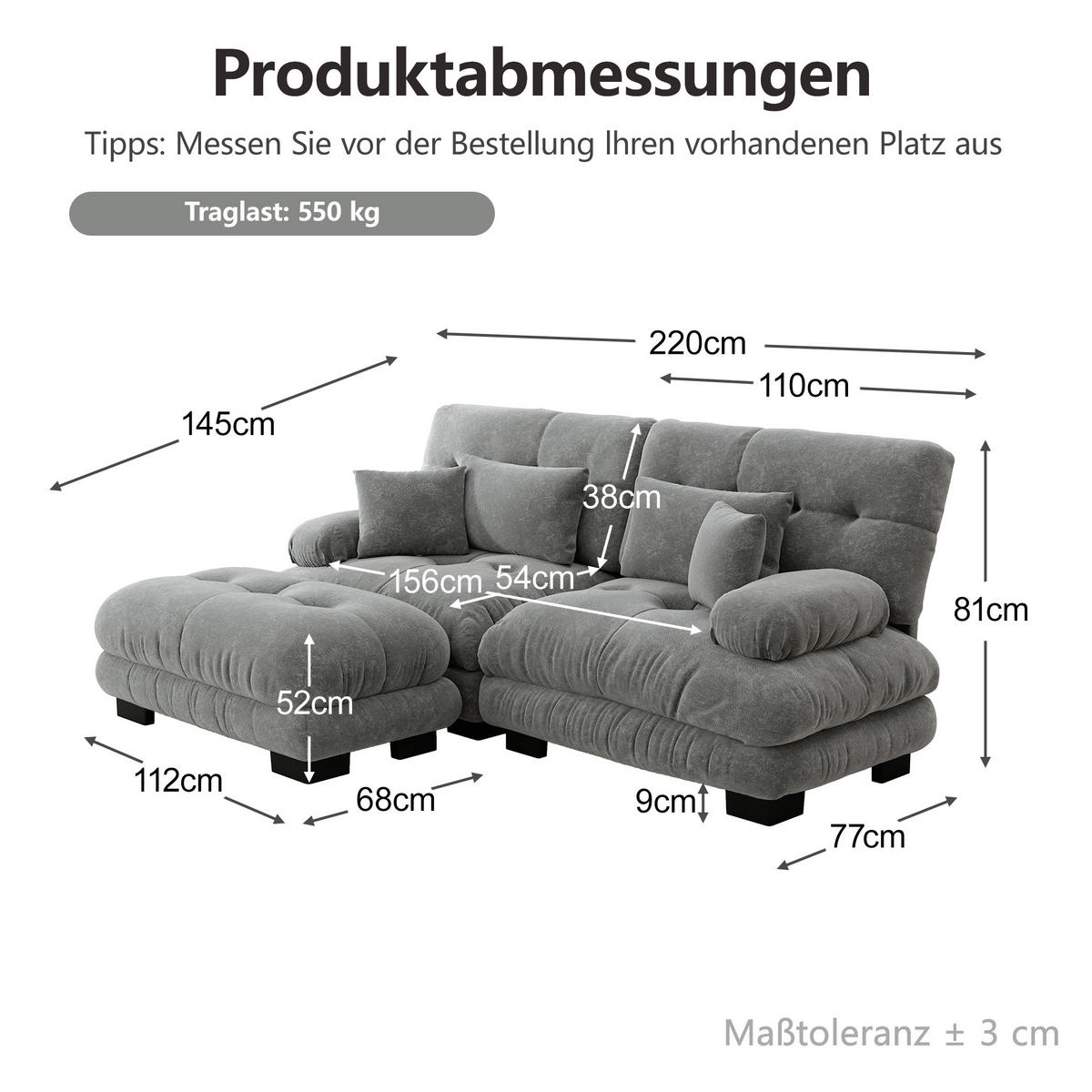 ECKSOFA 220/145/81 cm in Grau aus Chenille mit Ottomans und Cloud-Komfort - Grau, Textil (145/220cm) - Flora Grace