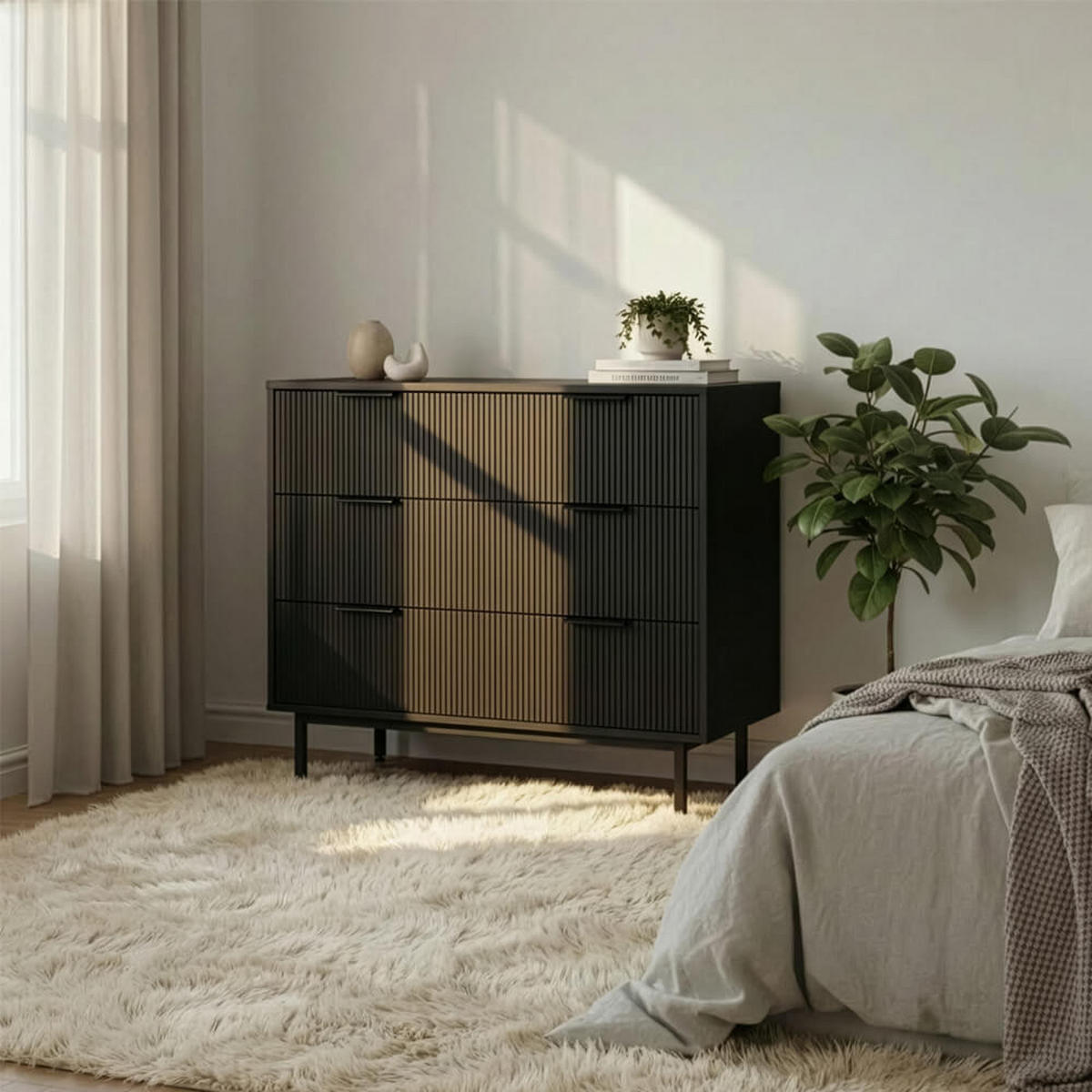 KOMMODE NYLA - Schwarz, 90 x 80 cm - Schwarz, Holzwerkstoff (90/80/42cm) - Home Deluxe