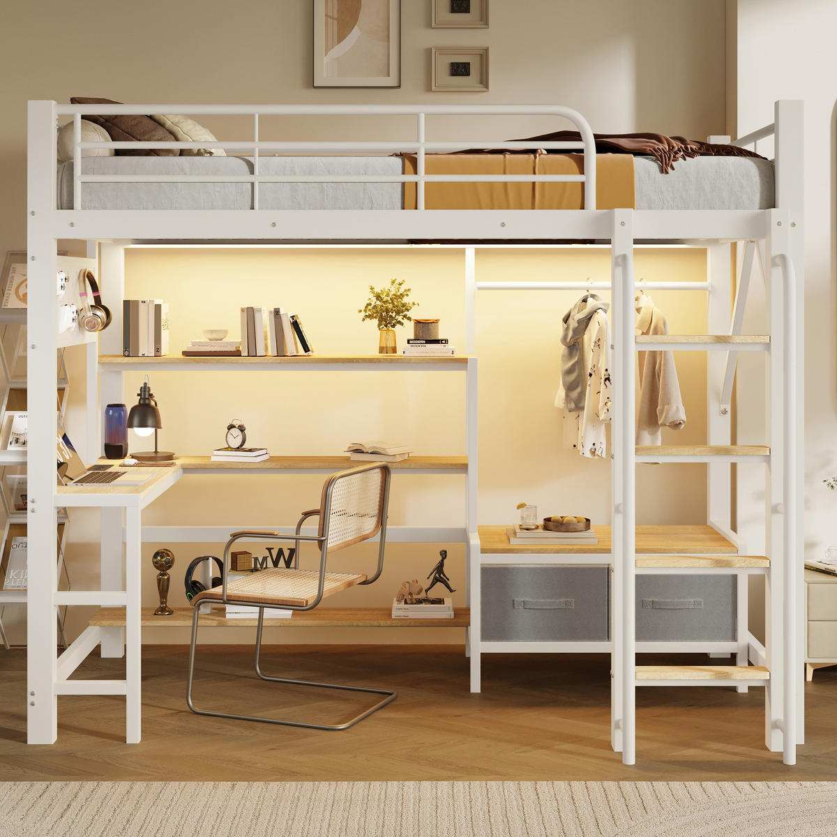 HOCHBETT 90x200cm, Eisen, Lochwand, Regale, Schubladen, Schreibtisch, USB, LED, Geländer, ohne Matratze, Weiß - Weiß, Holzwerkstoff (90/200cm)