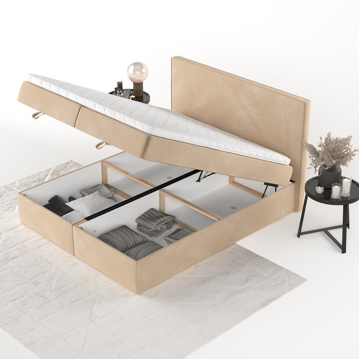 BOXBETT Velma 180/200 cm Beige im Kronos Stoff - Beige/Schwarz, Holz/Holzwerkstoff (180/200cm) - AltaBeds