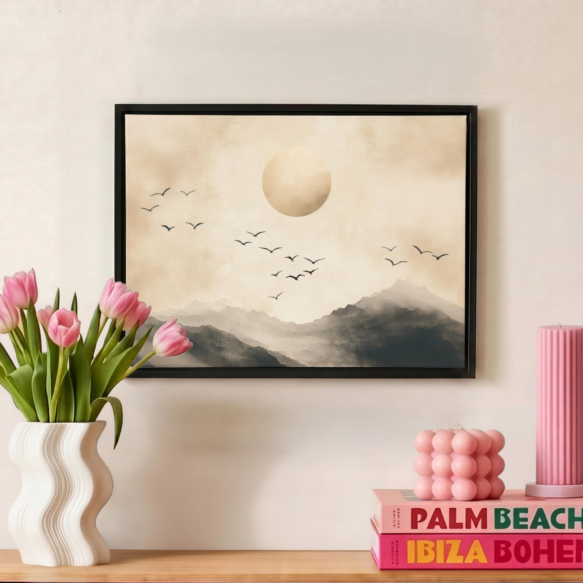 LEINWAND Bilder mit Rahmen - Landschaft - Japandi - Vogel - 40x30 - Beige, Textil (40/30cm) - MuchoWow
