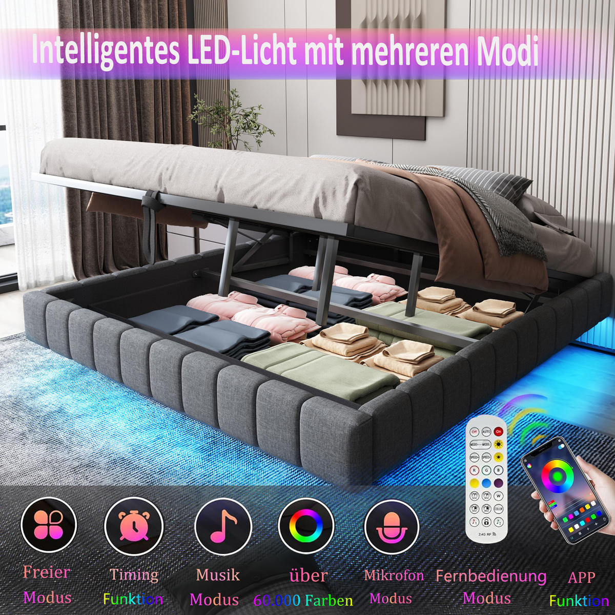 POLSTERBETT 140x200 cm ohne Kopfteil, LED, Stauraum, Leinen, Grau - Grau, Holz (140/200cm)