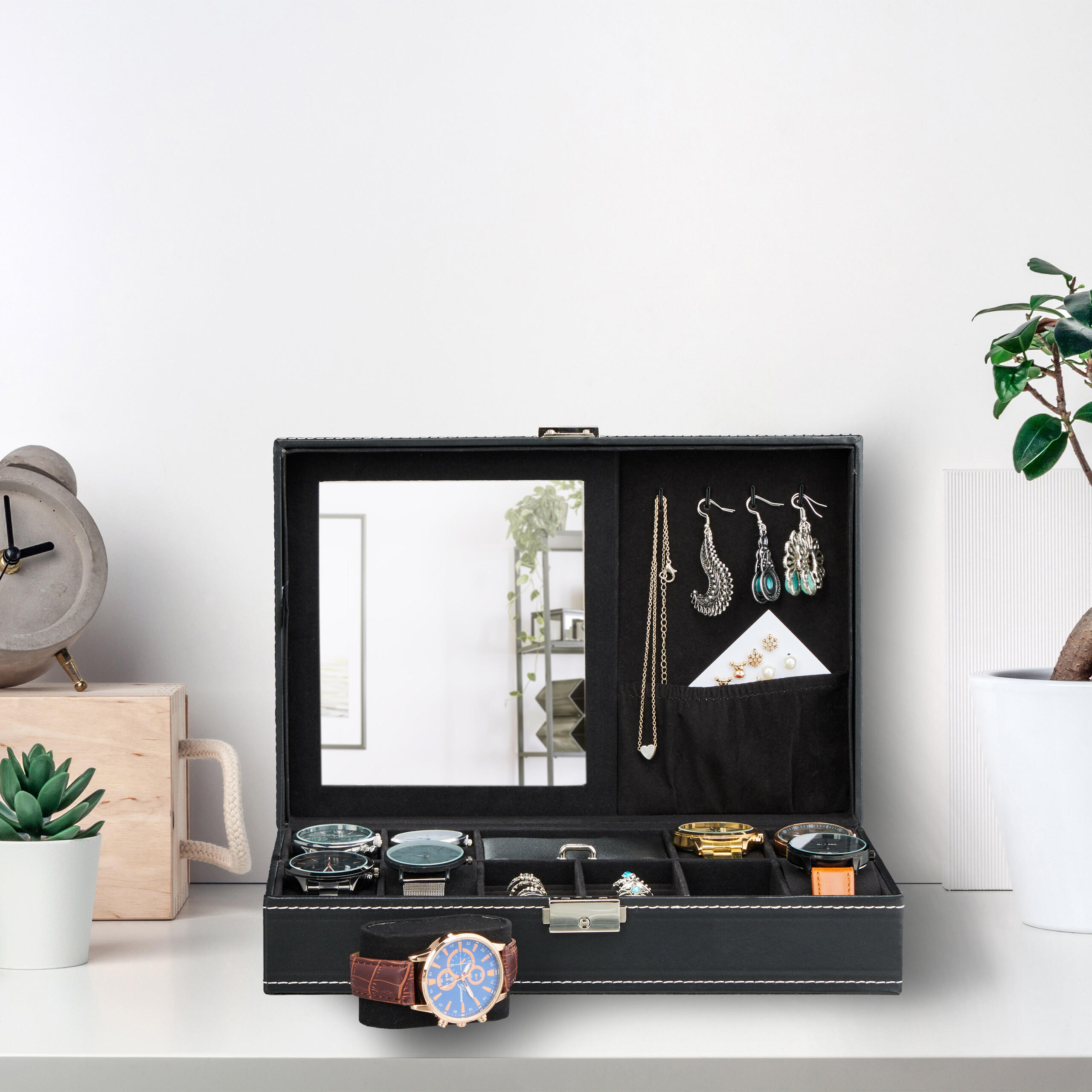 UHRENBOX - Schwarz, Glas/Holzwerkstoff (30/8/20.5cm) - Relaxdays