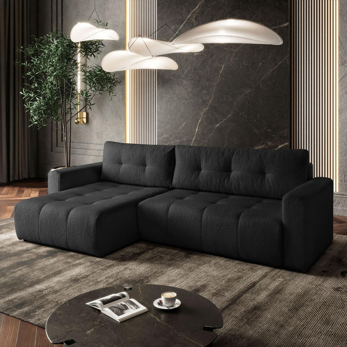 ECKSOFA ASTON mit Schlaffunktion und Bettkasten - Schwarz, Textil (261/143cm) - Lookway