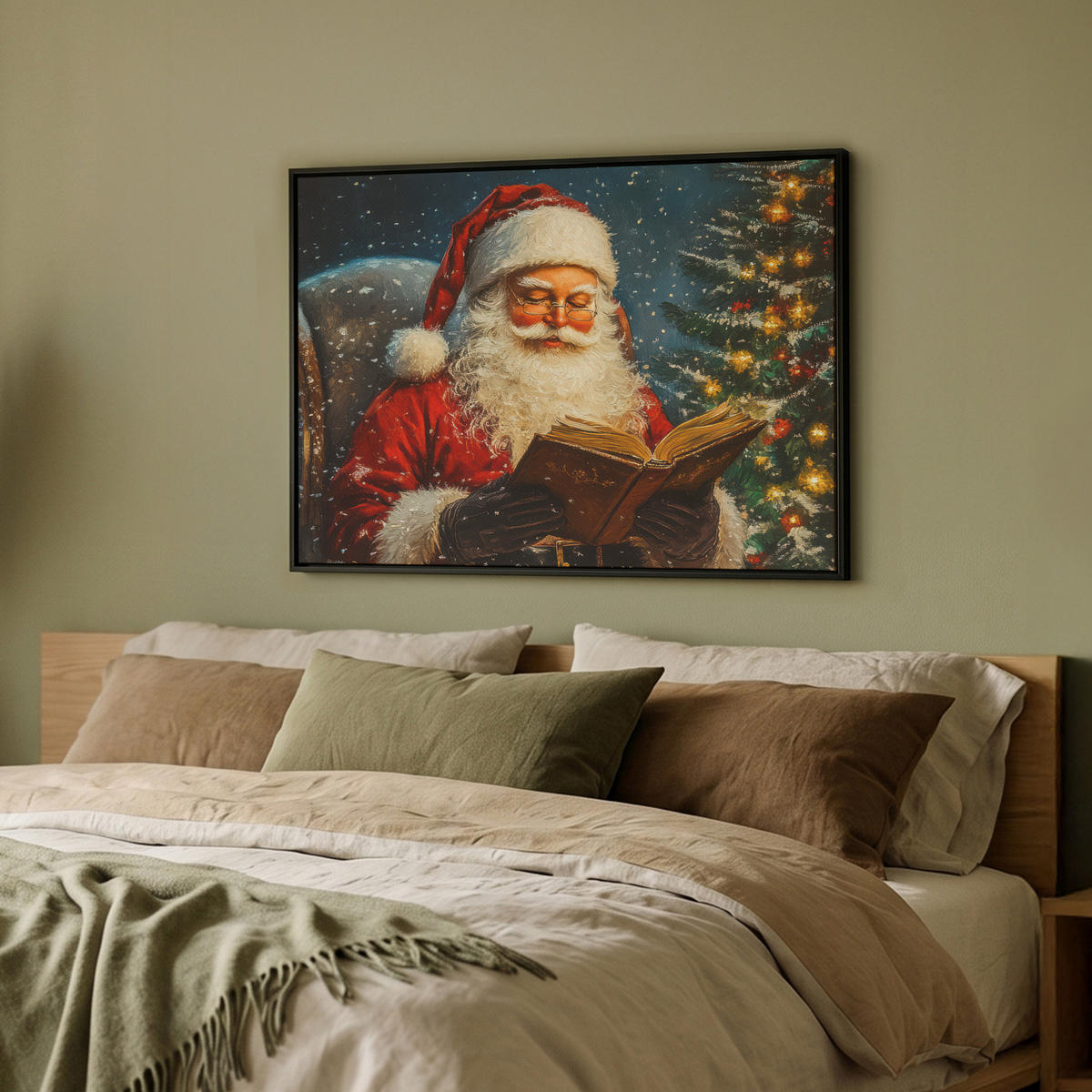 LEINWAND Bilder mit Rahmen - Weihnachtsmann - Weihnachten - Winter - Weihnachtsbaum - 70x50 - Bordeaux, Textil (70/50cm) - MuchoWow