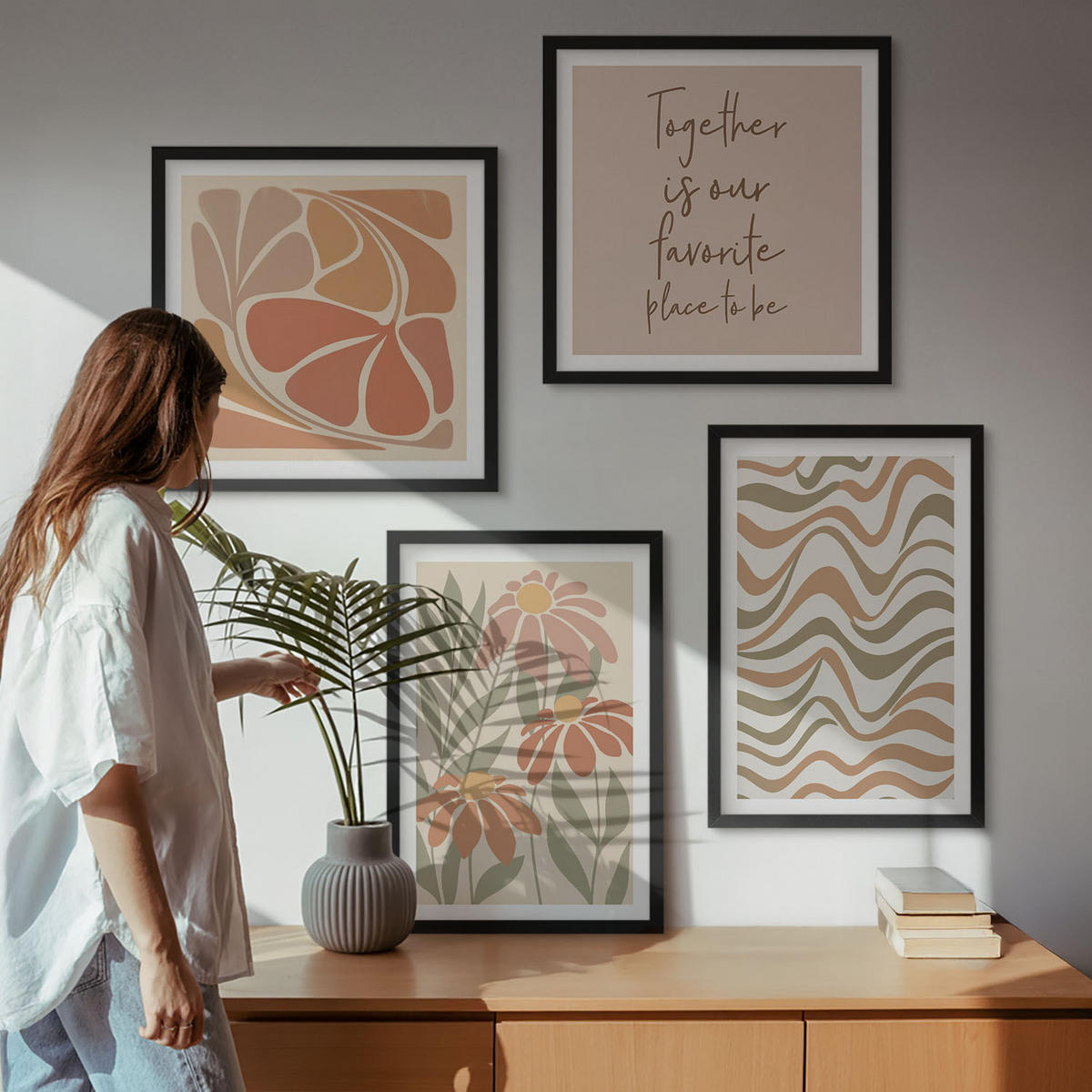 BILDER SET 4er Set - 50x50 cm & 40x60 cm Schwarzer Rahmen - Abstrakte Pastellblumen - Schwarz, Kunststoff (50/50cm) - TULUP