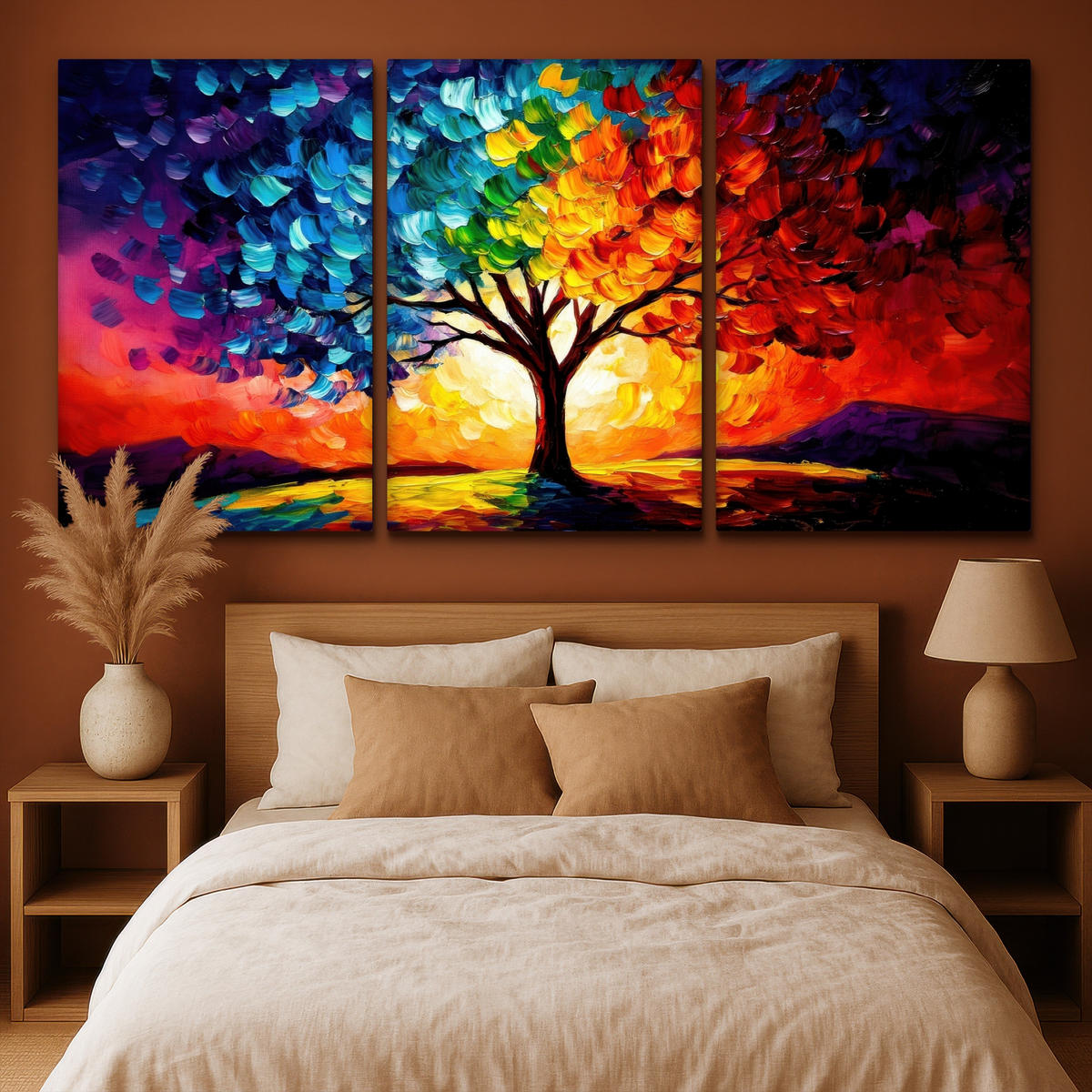 LEINWANDBILD 3er Set Baum - Farbenfroh - Malerei-Look - Abstrakt 240x120 cm - Multicolor, Textil (240/120cm) - MuchoWow