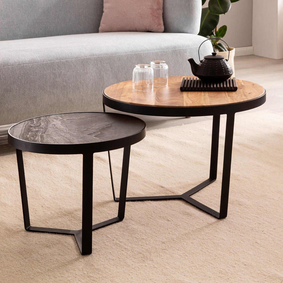 COUCHTISCH Set rund – Akazie Massivholz, Steinoptik, Metallgestell, Braun-Anthrazit - Schwarz, Holz/Metall (60/60/40cm) - KADIMA DESIGN